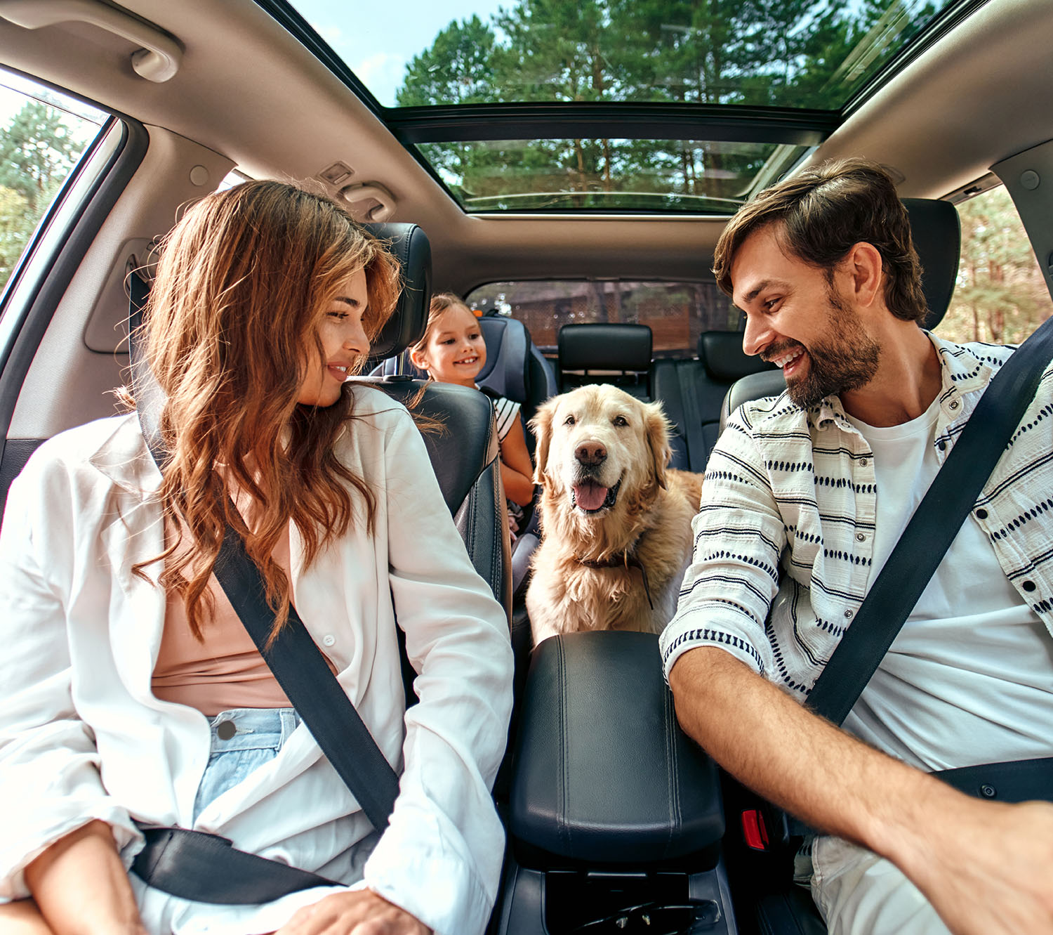 AvD Artikel - Hund sitzt mit der Familie im Auto zusammen. AvD Artikel - Hund sitzt mit der Familie im Auto zusammen.