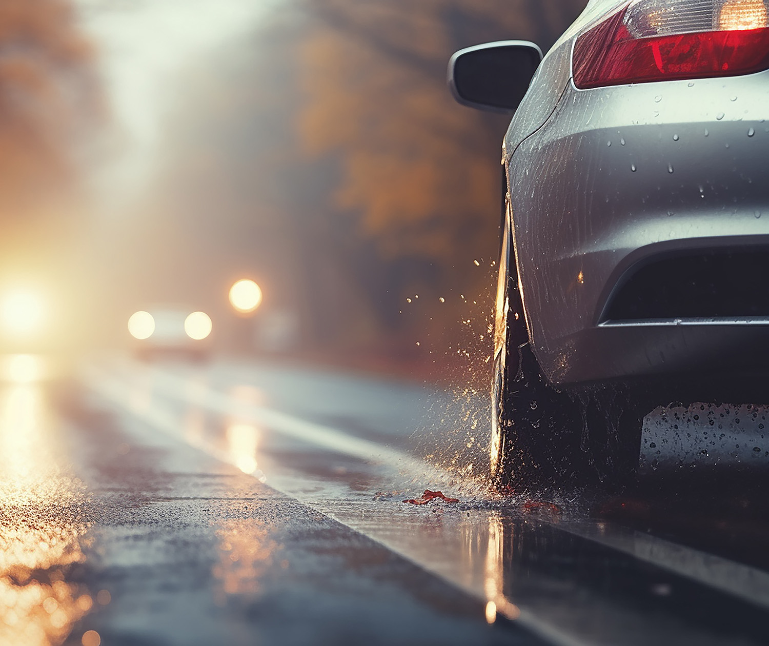 Autos mit eingeschalteten Scheinwerfern bei Nässe in der Dämmerung Autos mit eingeschalteten Scheinwerfern bei Nässe in der Dämmerung