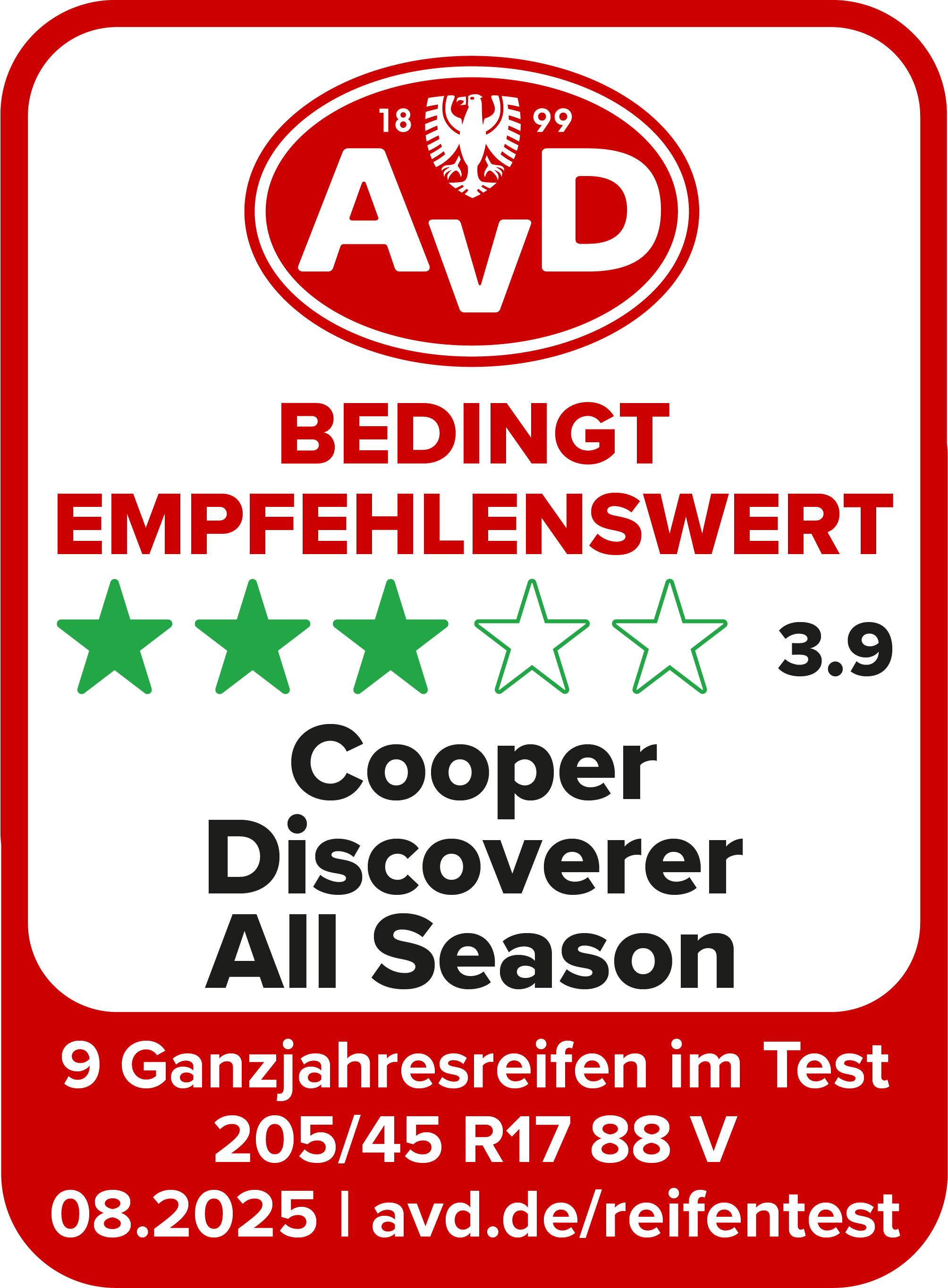 AvD Reifentest-Siegel: Bedingt empfehlenswert - Cooper Discoverer All Season 205/45 R 17 AvD Reifentest-Siegel: Bedingt empfehlenswert - Cooper Discoverer All Season 205/45 R 17