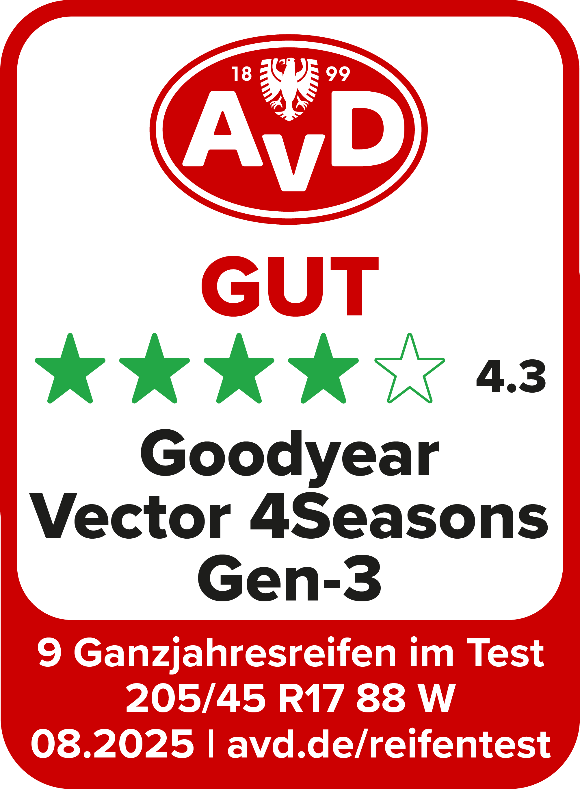 AvD Reifentest-Siegel: Gut - Goodyear Vector 4Seasons Gen-3 205/45 R 17 AvD Reifentest-Siegel: Gut - Goodyear Vector 4Seasons Gen-3 205/45 R 17