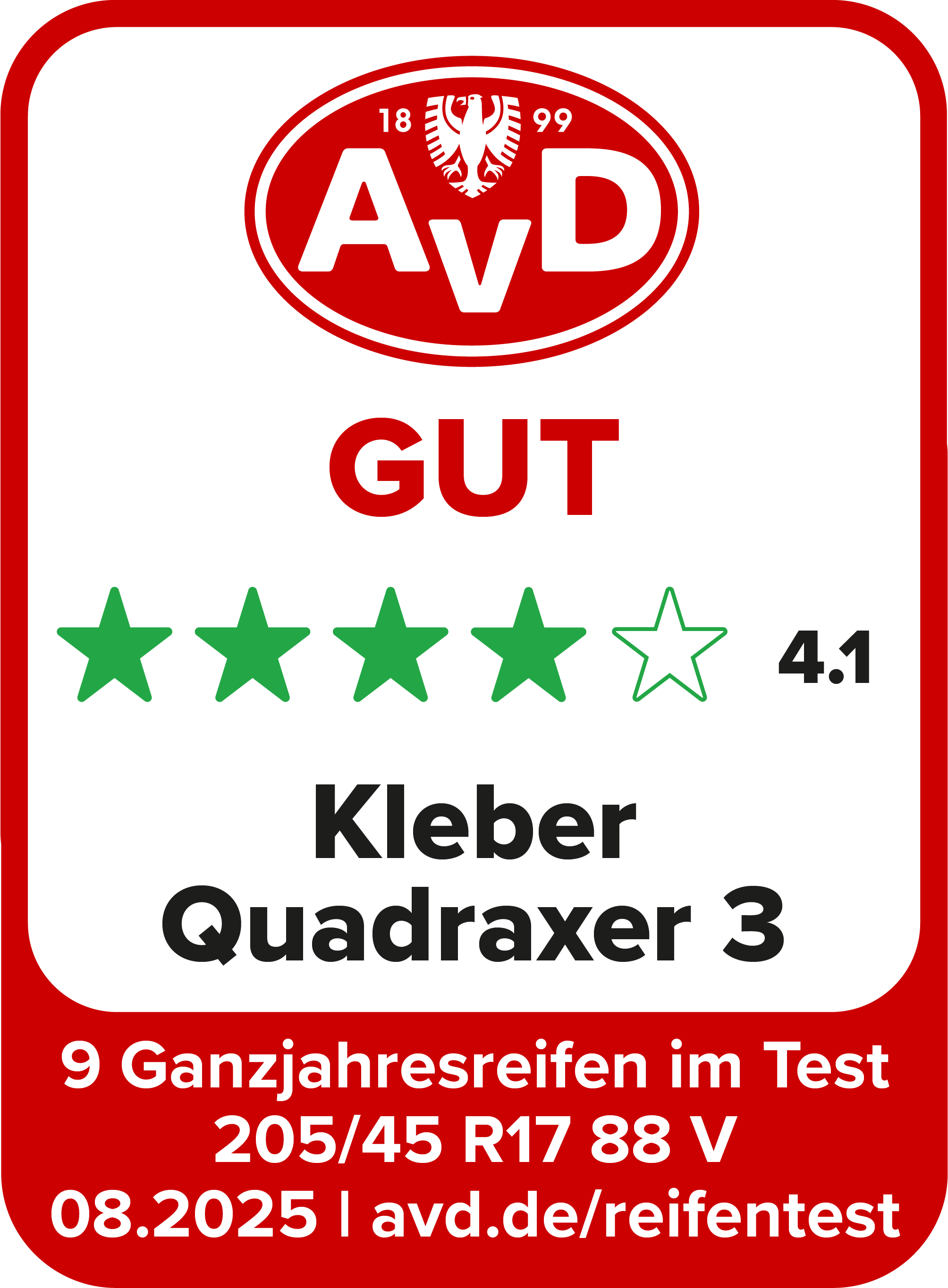 AvD Reifentest-Siegel: Gut - Kleber Quadraxer 3 205/45 R 17 AvD Reifentest-Siegel: Gut - Kleber Quadraxer 3 205/45 R 17