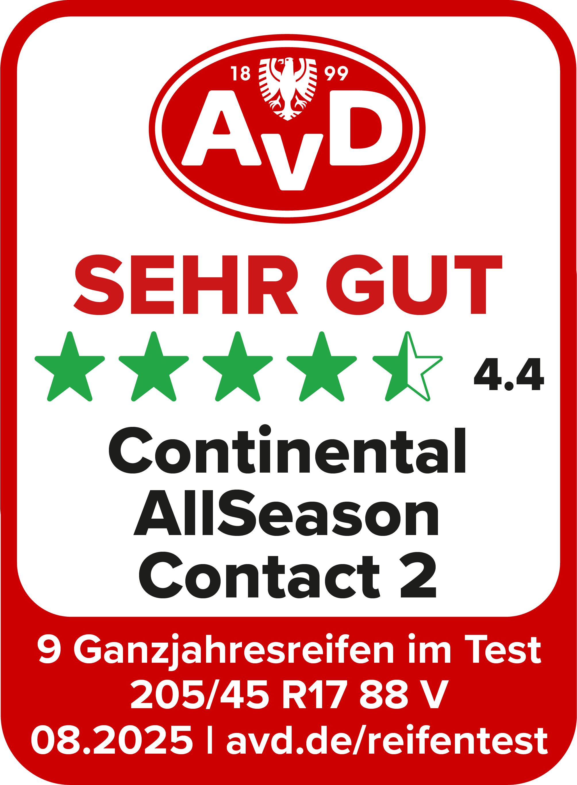 AvD Reifentest-Siegel: Sehr gut - Continental AllSeasonContact 2 205/45 R 17 AvD Reifentest-Siegel: Sehr gut - Continental AllSeasonContact 2 205/45 R 17