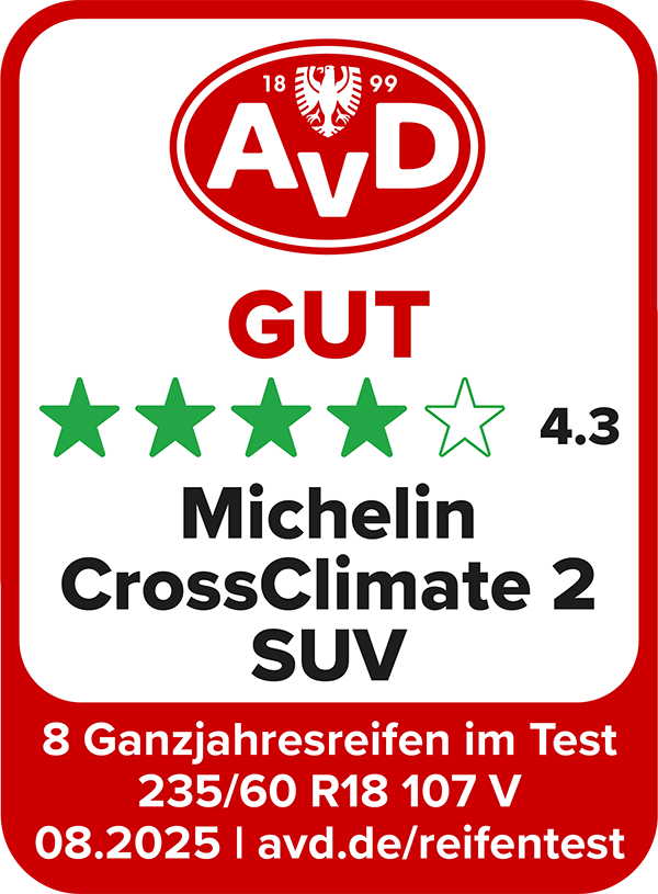 AvD Reifentest-Siegel: Gut - Michelin CrossClimate 2 SUV 235/60 R18 AvD Reifentest-Siegel: Gut - Michelin CrossClimate 2 SUV 235/60 R18
