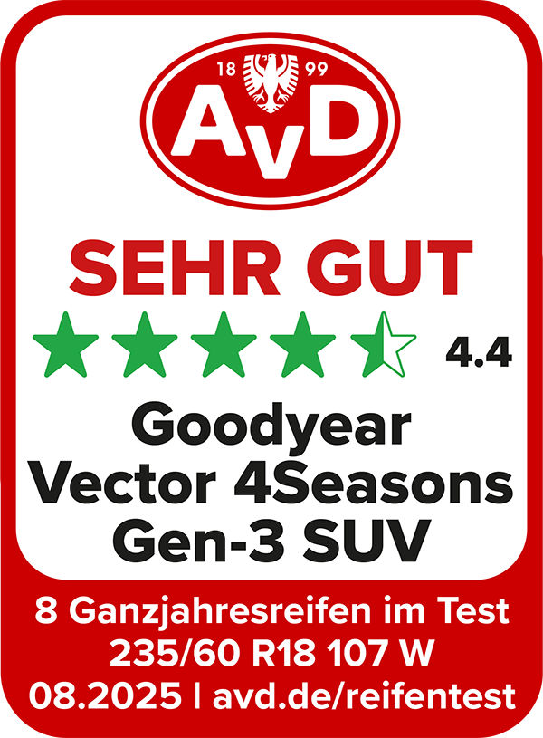 AvD Reifentest-Siegel: Sehr Gut - Goodyear Vector 4Seasons Gen-3 235/60 R18 AvD Reifentest-Siegel: Sehr Gut - Goodyear Vector 4Seasons Gen-3 235/60 R18