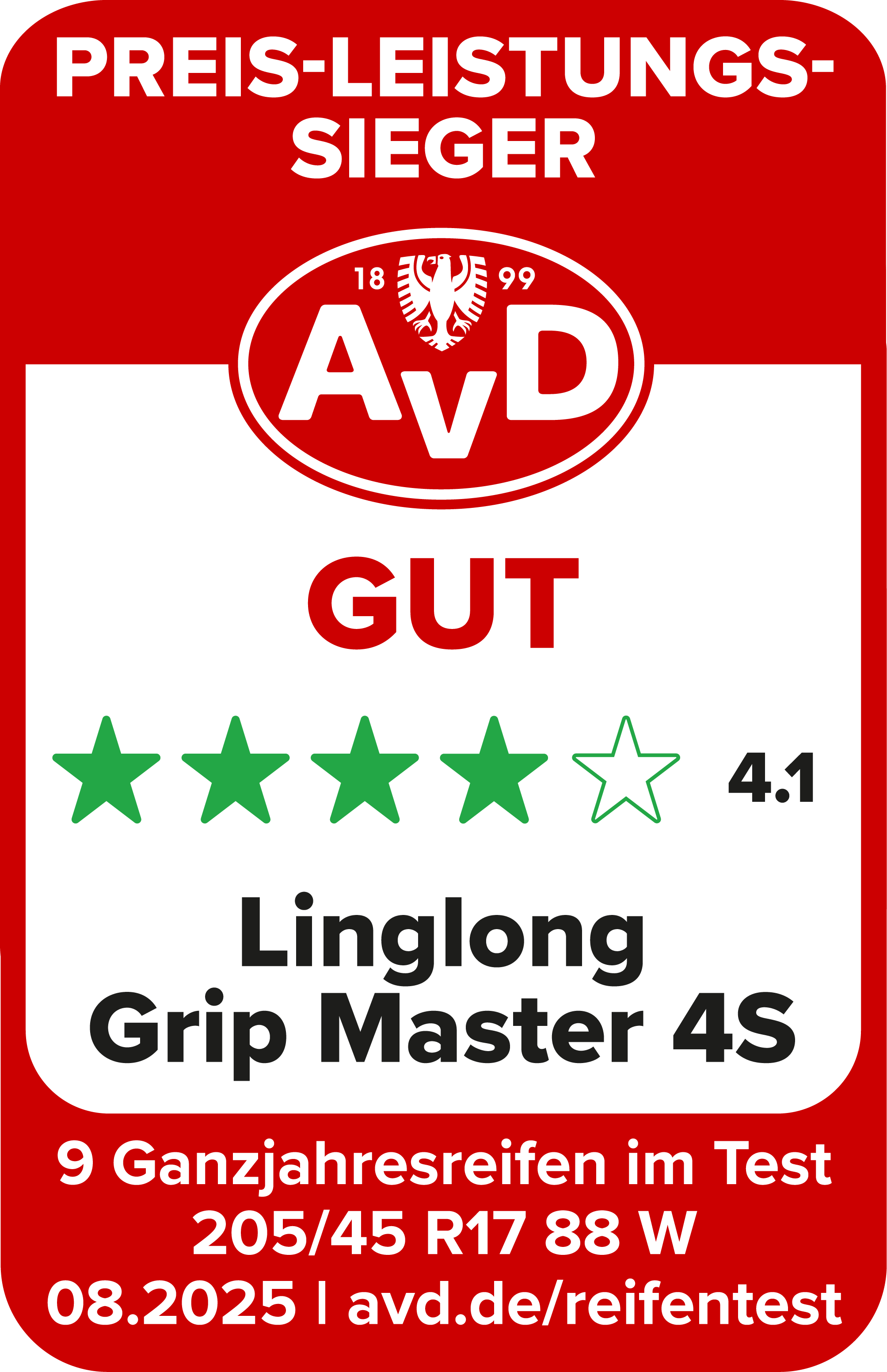 AvD Reifentest-Siegel: Preis-Leistungssieger - Linglong Grip Master 4S 205/45 R 17 AvD Reifentest-Siegel: Preis-Leistungssieger - Linglong Grip Master 4S 205/45 R 17