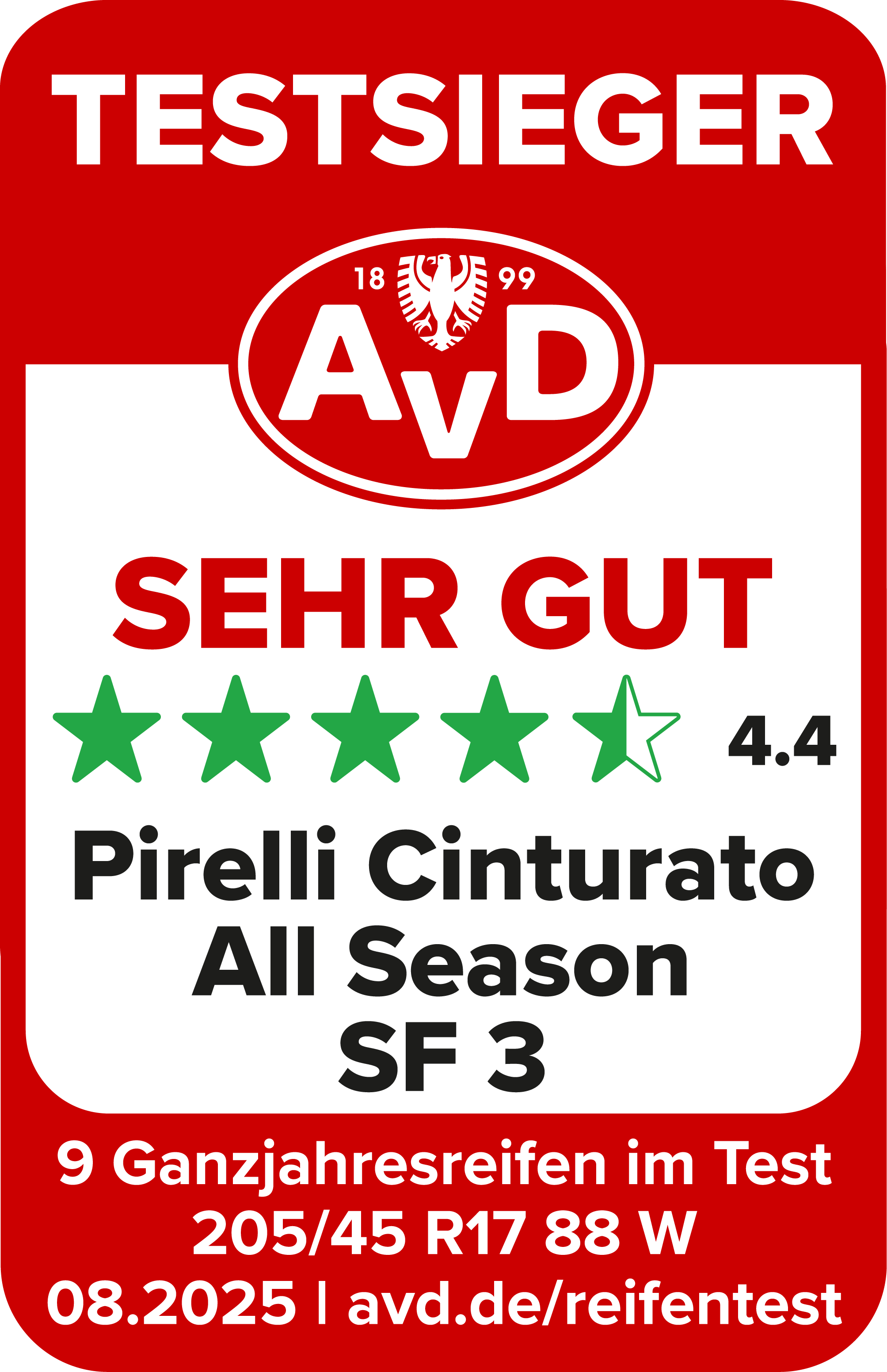 AvD Reifentest-Siegel: Testsieger - Pirelli Cinturato All Season SF 3 205/45 R 17 AvD Reifentest-Siegel: Testsieger - Pirelli Cinturato All Season SF 3 205/45 R 17