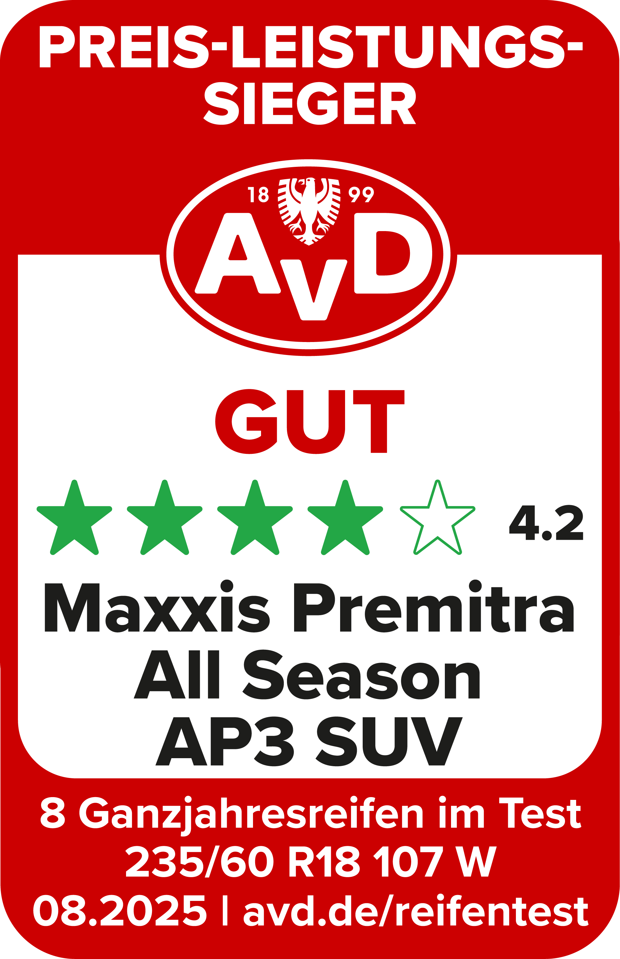 AvD Reifentest-Siegel: Preis-Leistungssieger - Maxxis Premitra All Season AP3 SUV 235/60 R18 AvD Reifentest-Siegel: Preis-Leistungssieger - Maxxis Premitra All Season AP3 SUV 235/60 R18