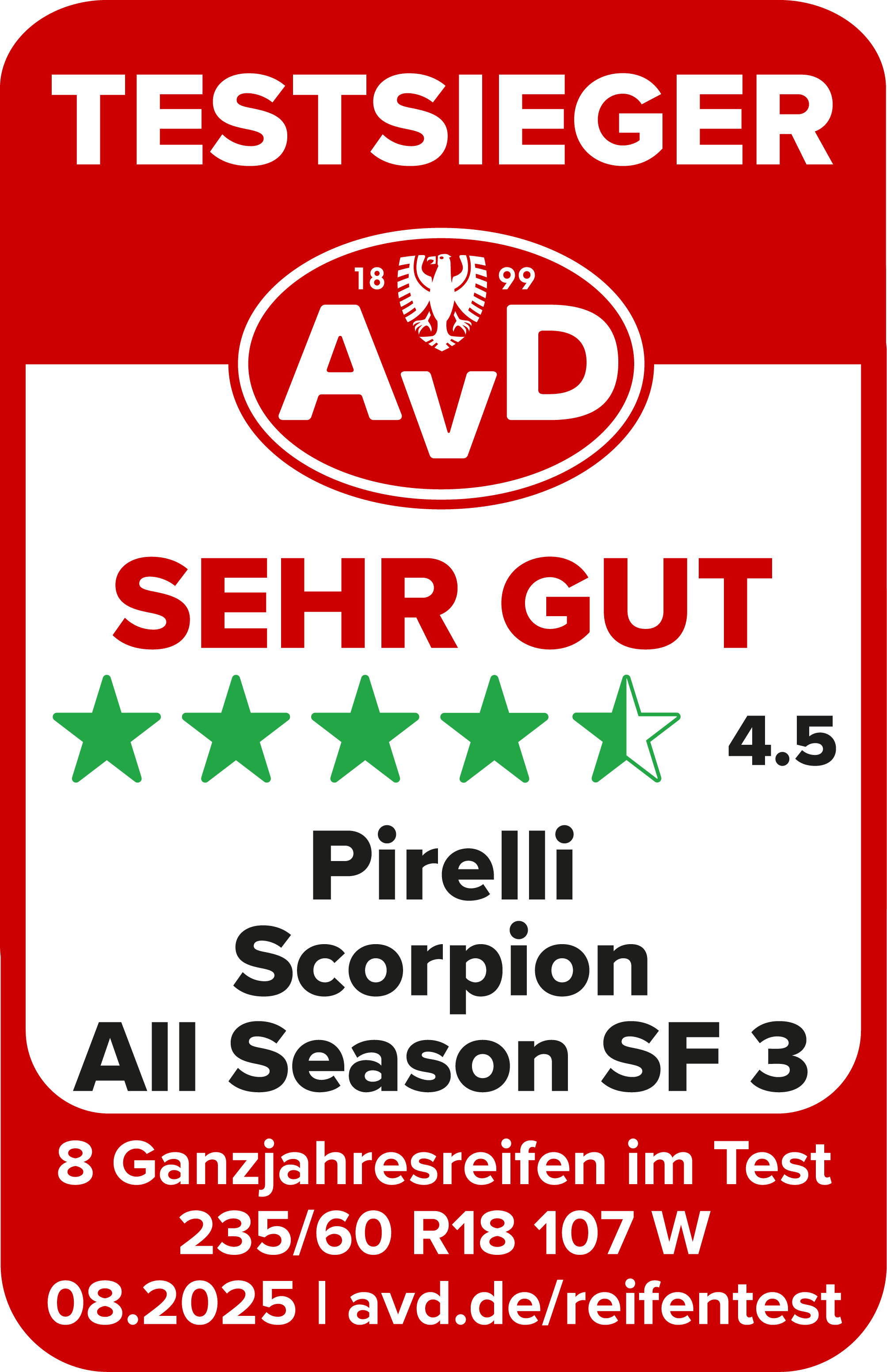 AvD Reifentest-Siegel: Testsieger Pirelli Scorpion All Season SF 3 235/60 R18 AvD Reifentest-Siegel: Testsieger Pirelli Scorpion All Season SF 3 235/60 R18